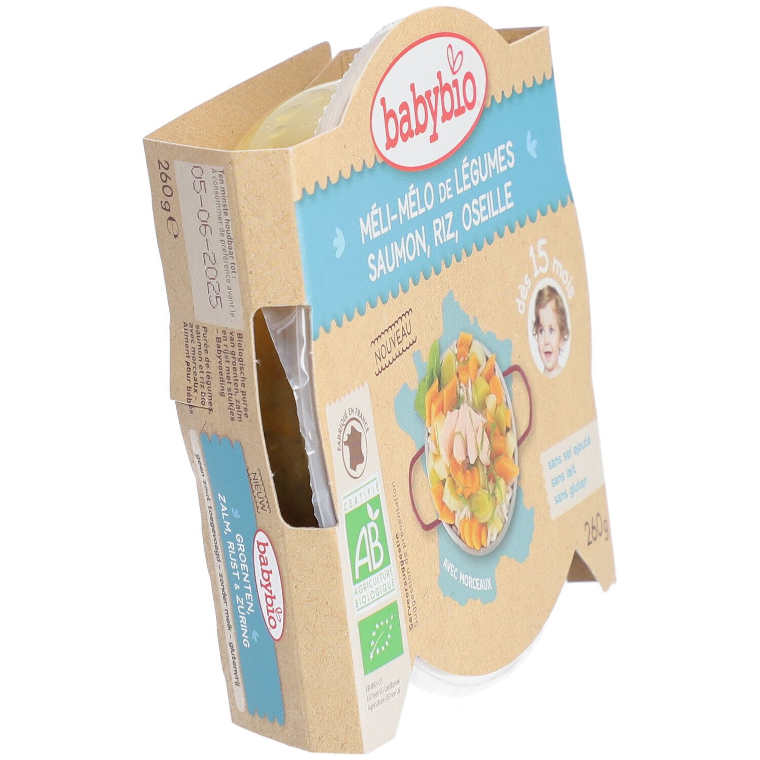 Babybio Méli-Mélo légumes, saumon, riz. Emballage incliné, image produit, label AB, texte: dès 15 mois, 260g.