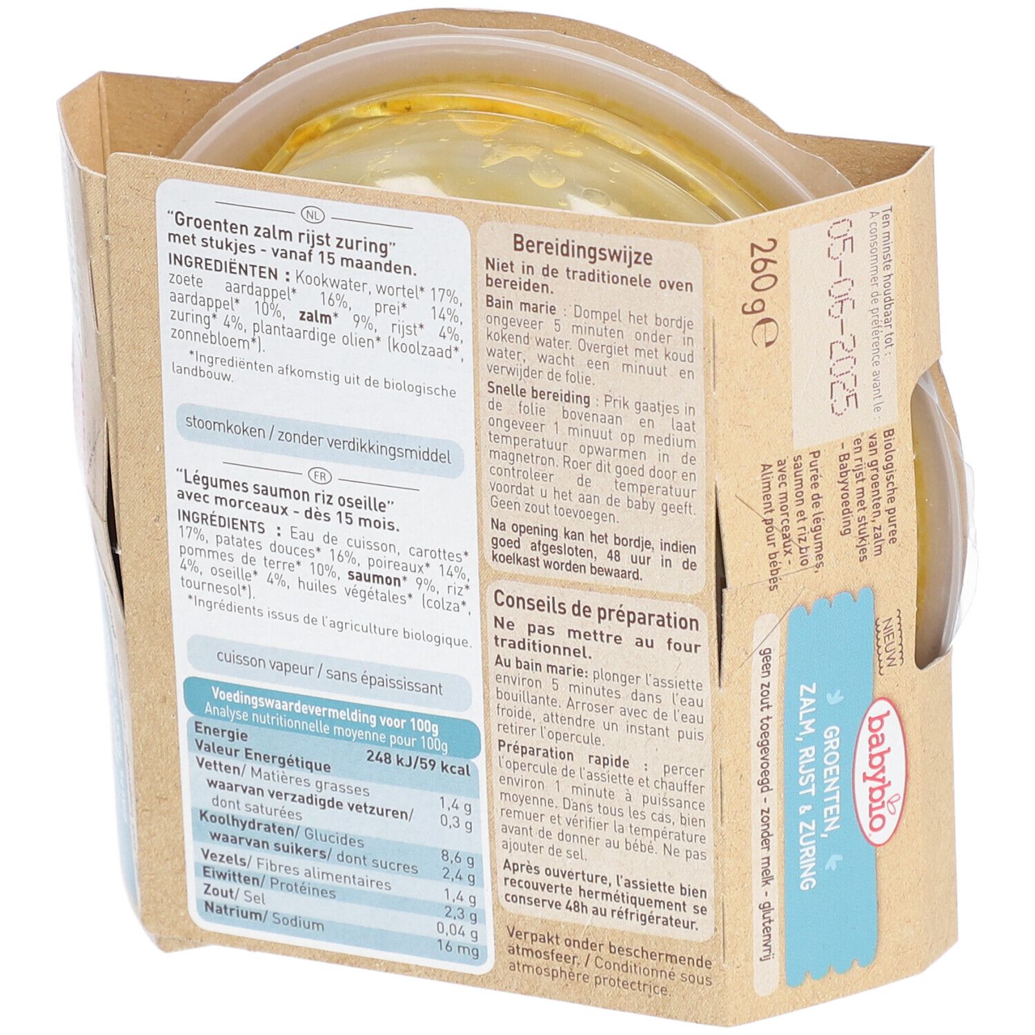 Babybio Méli-Mélo légumes, saumon, riz. Verso emballage, texte, ingrédients, valeurs nutritionnelles, date.