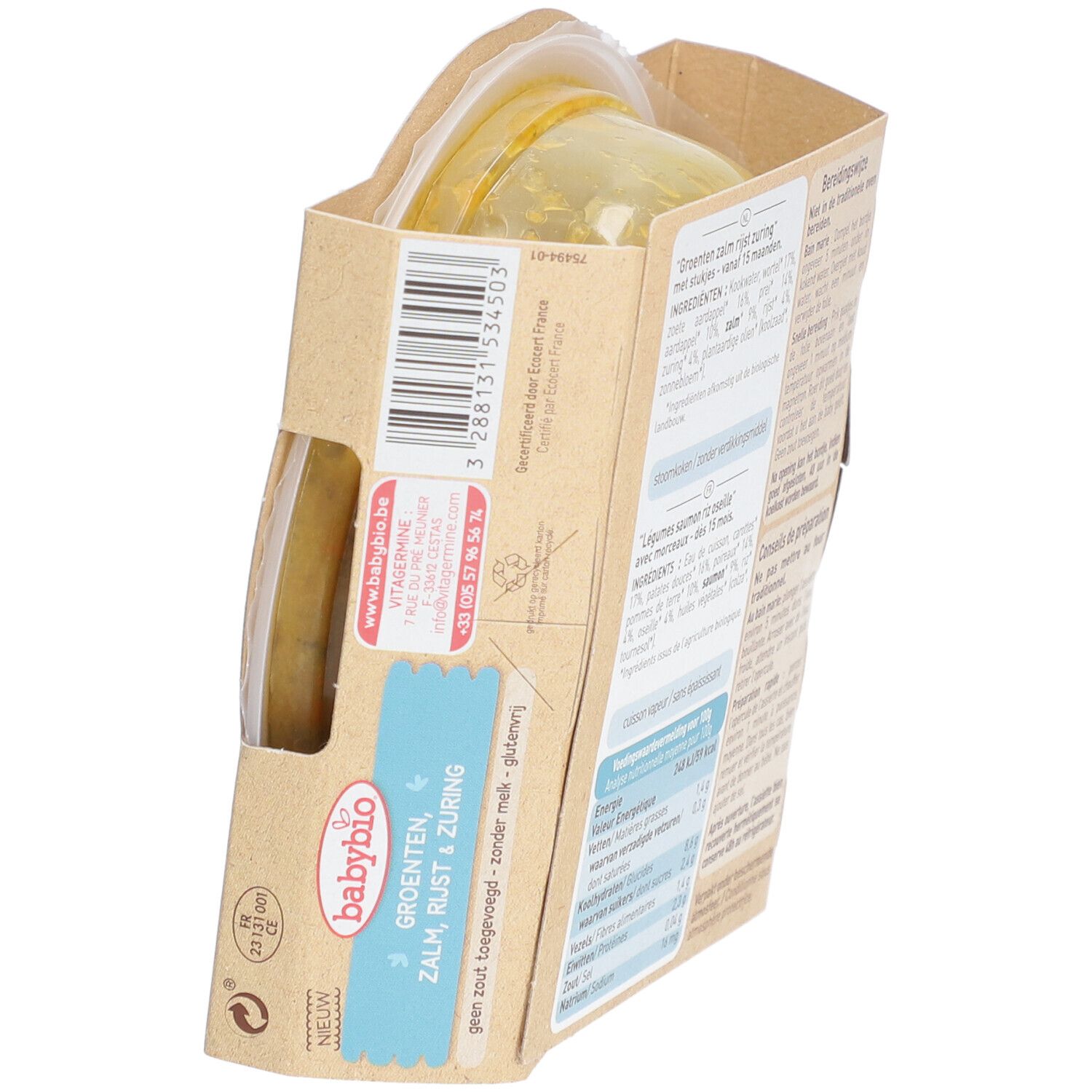 Babybio Méli-Mélo légumes, saumon, riz. Verso emballage, texte, ingrédients, valeurs nutritionnelles, date.