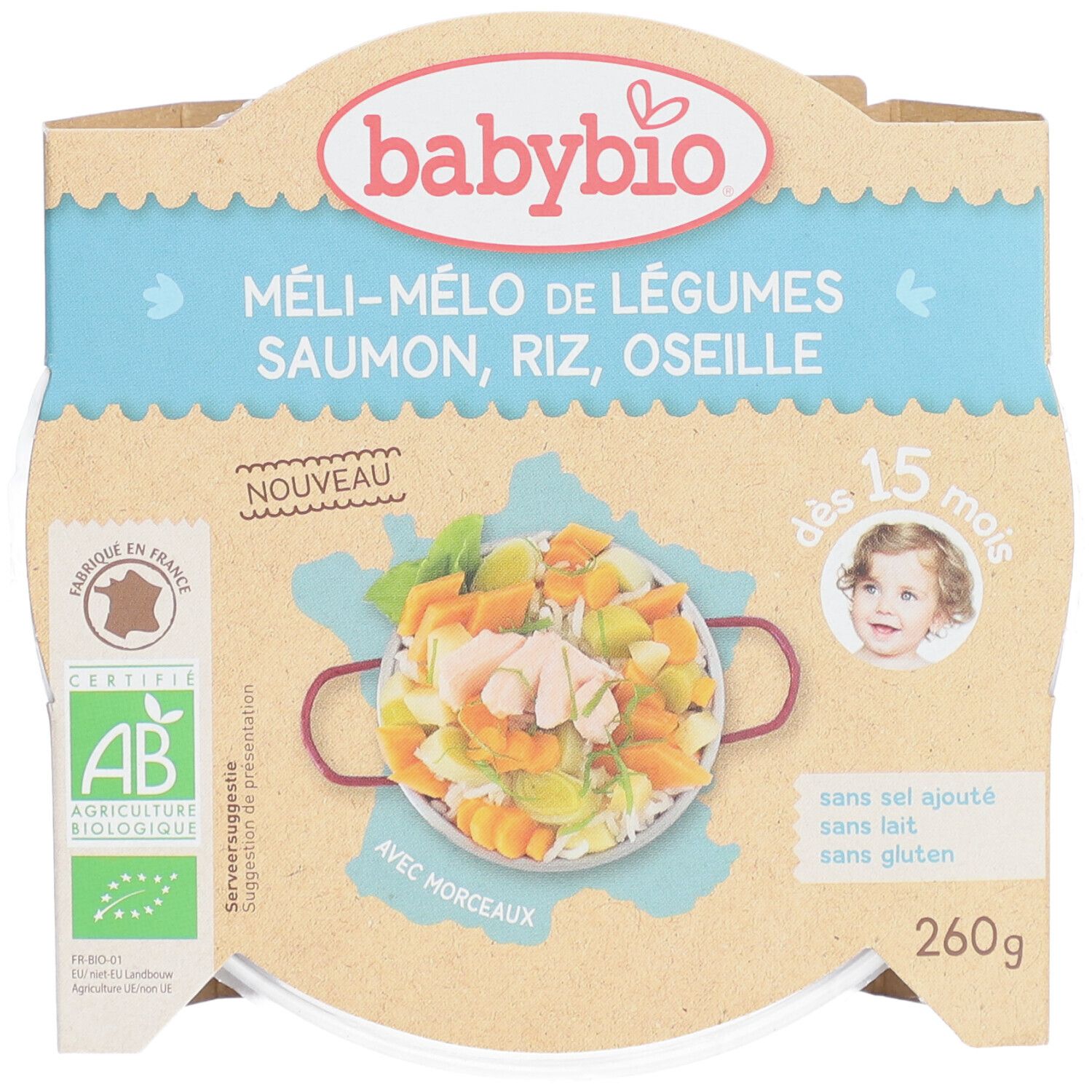 Babybio Méli-Mélo légumes, saumon, riz. Emballage avec image produit, label AB, texte: dès 15 mois, 260g.