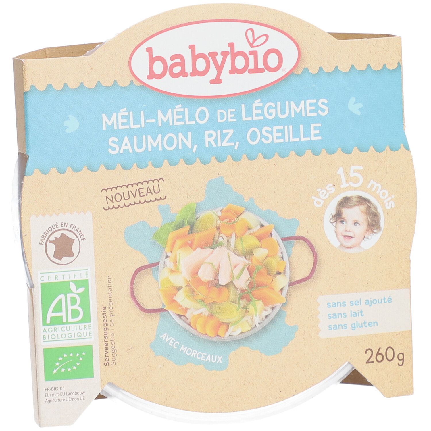 Babybio Méli-Mélo légumes, saumon, riz. Emballage avec image produit, label AB, texte: dès 15 mois, 260g.