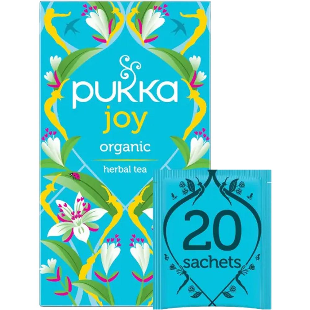 Packung und einzelner Teebeutel. Aufschrift: Pukka Joy, organic herbal tea. 20 Sachets.