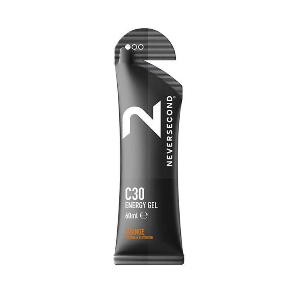 Zwarte zak met wit logo en tekst. Bevat C30 Energy Gel, Orange. 60ml.