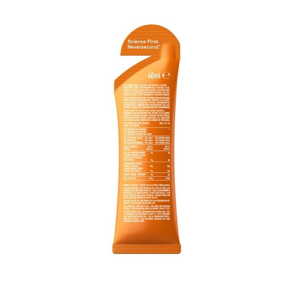 Achterkant van een oranje zakje. Bevat tekst en voedingswaarde-informatie. 60ml.