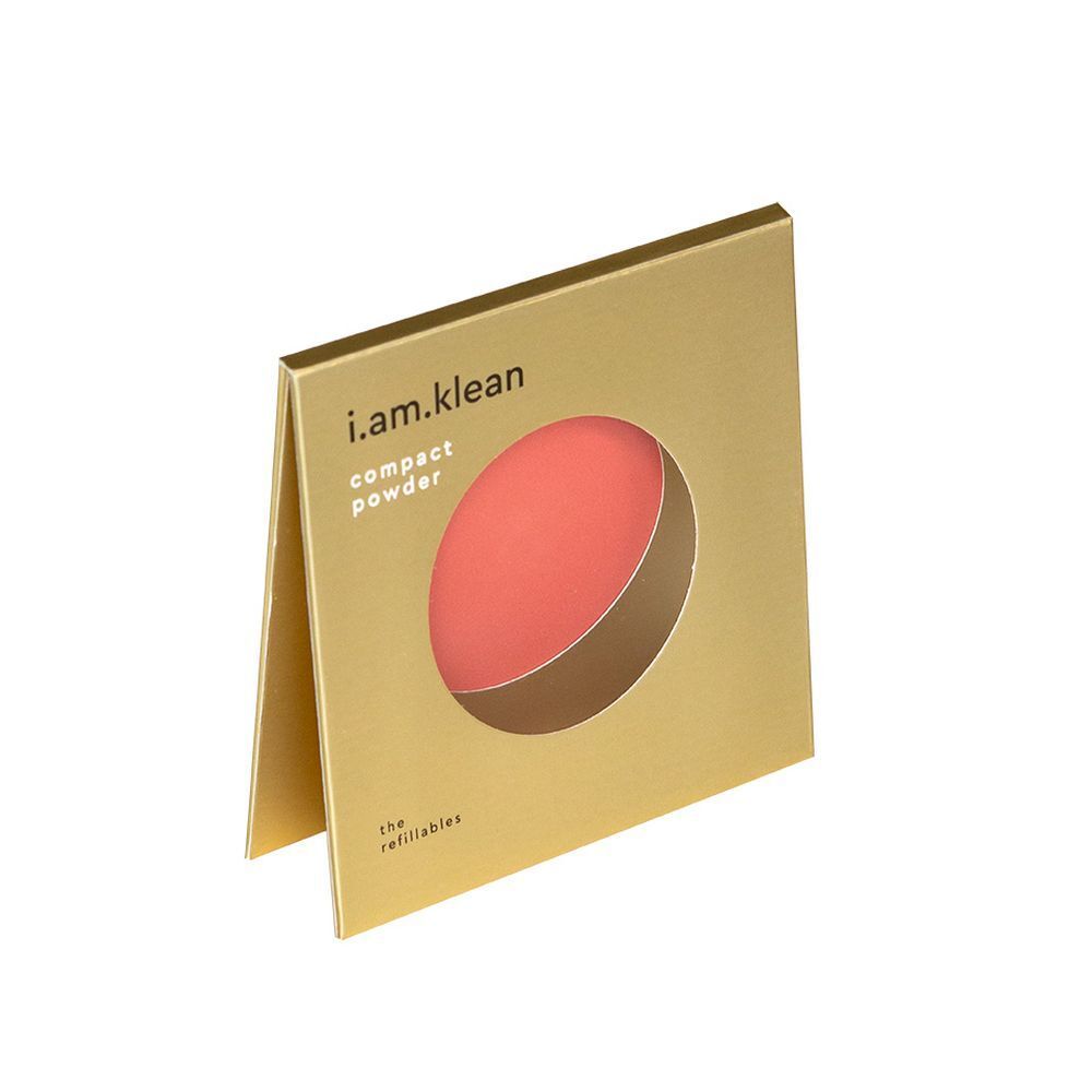 Goldfarbene Verpackung, geöffnet. Sichtbar: rosafarbener Puder. Text: i.am.klean, compact powder, the refillables.