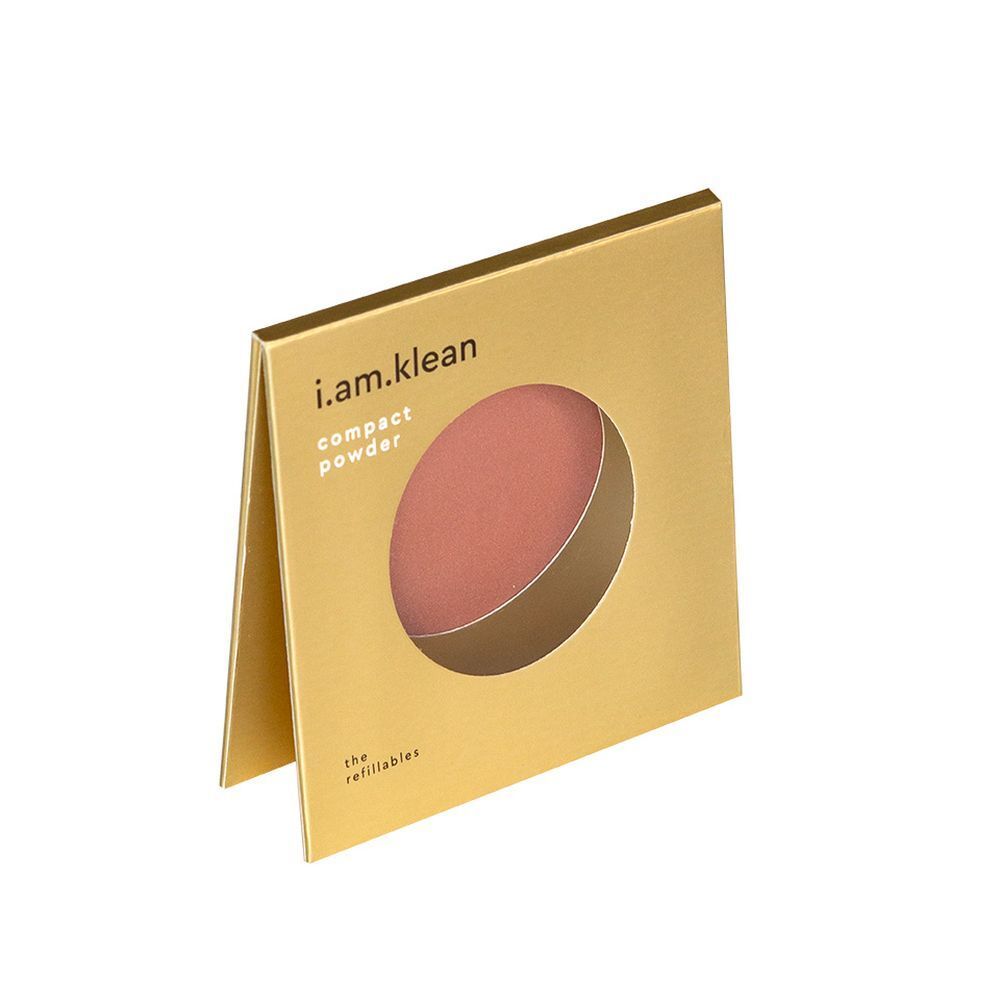 Goldfarbene Verpackung, halb geöffnet. Sichtbar: rosafarbener Blush. Marke: i.am.klean. Text: "compact powder".