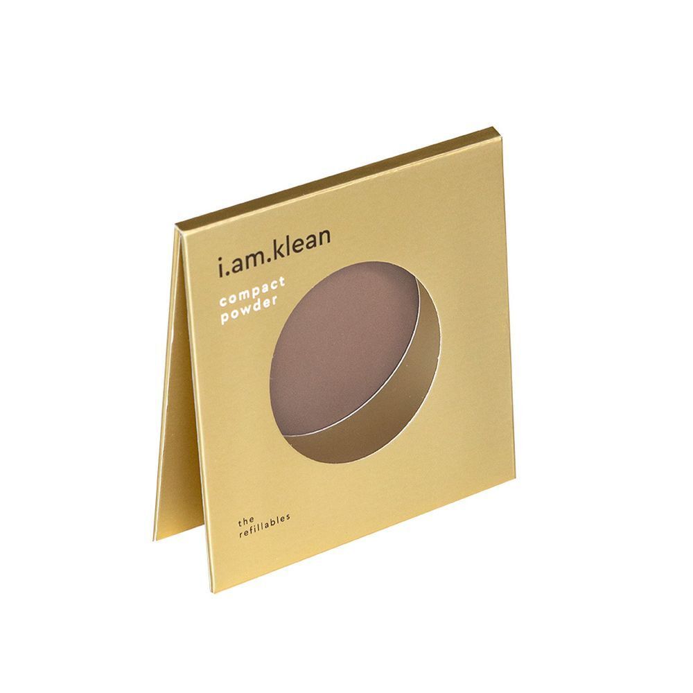 Goldfarbene Verpackung, geöffnet. Brauner Kompaktpuder sichtbar. Marke i.am.klean, Text: compact powder.