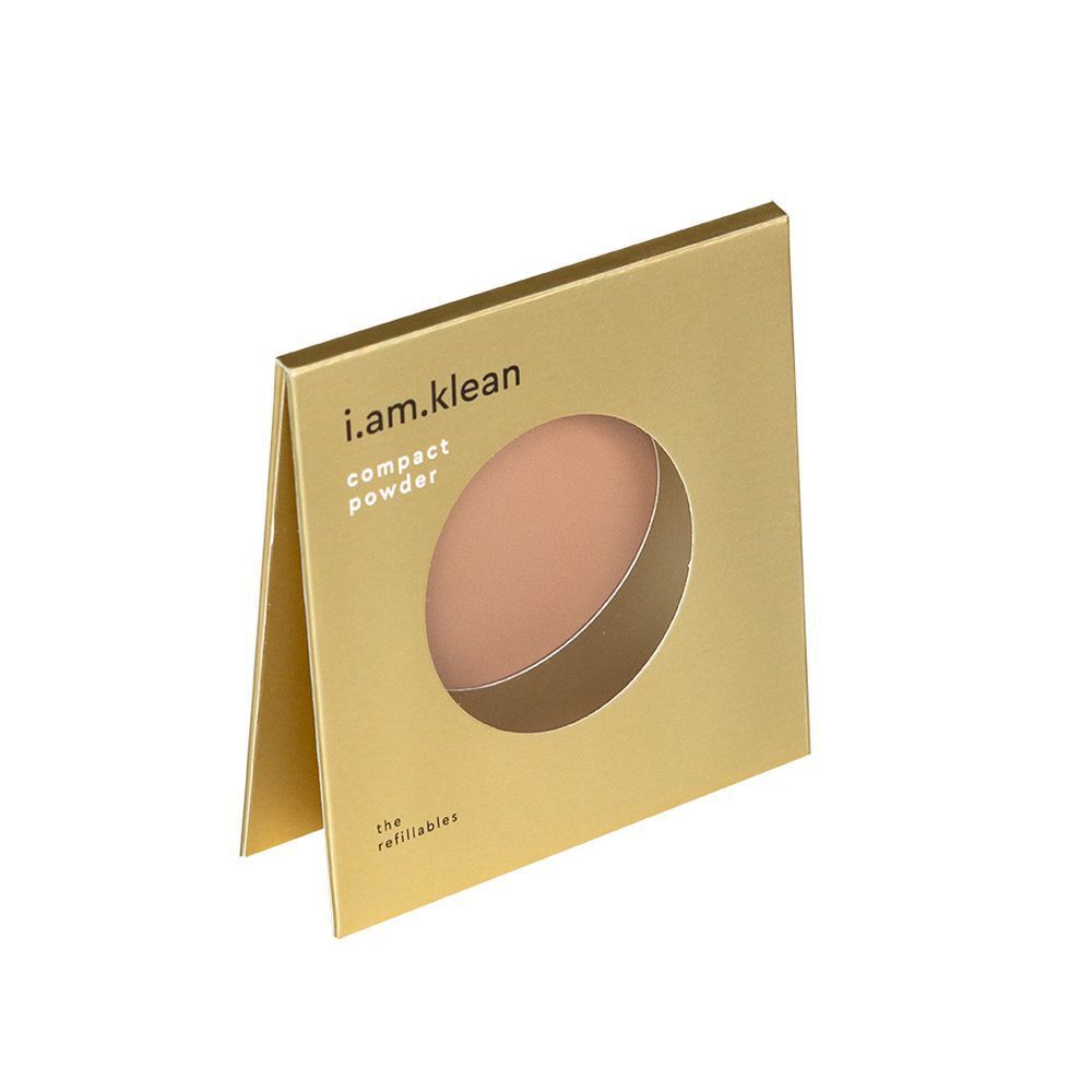 Goldfarbene Verpackung, leicht geöffnet. Sichtbar: Puder in rundem Behälter. Marke: i.am.klean. Text: compact powder, the refillables.