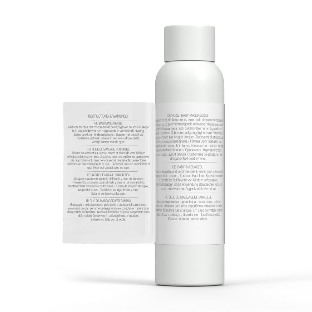 Flacon blanc avec étiquette. Étiquette dépliante avec instructions et avertissements en plusieurs langues.