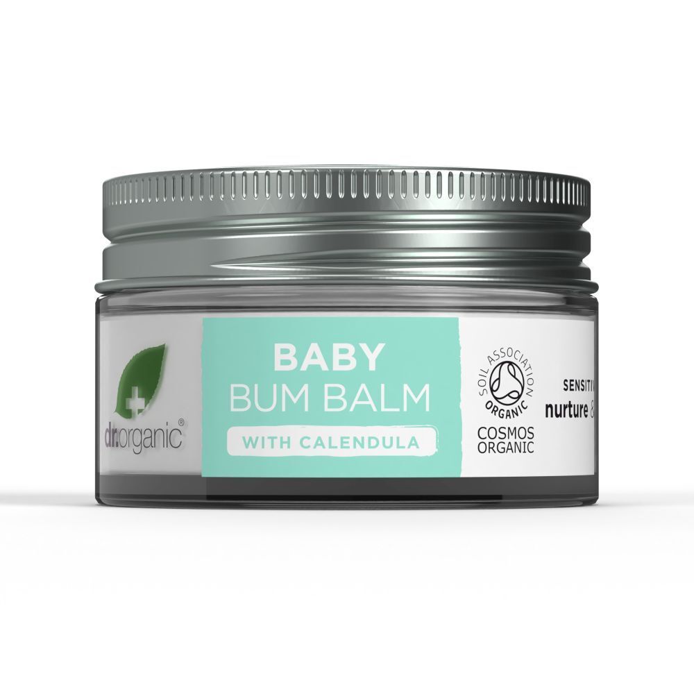 Glas mit Baby Bum Balm. Aufschrift: Baby Bum Balm with Calendula. Mit Deckel.
