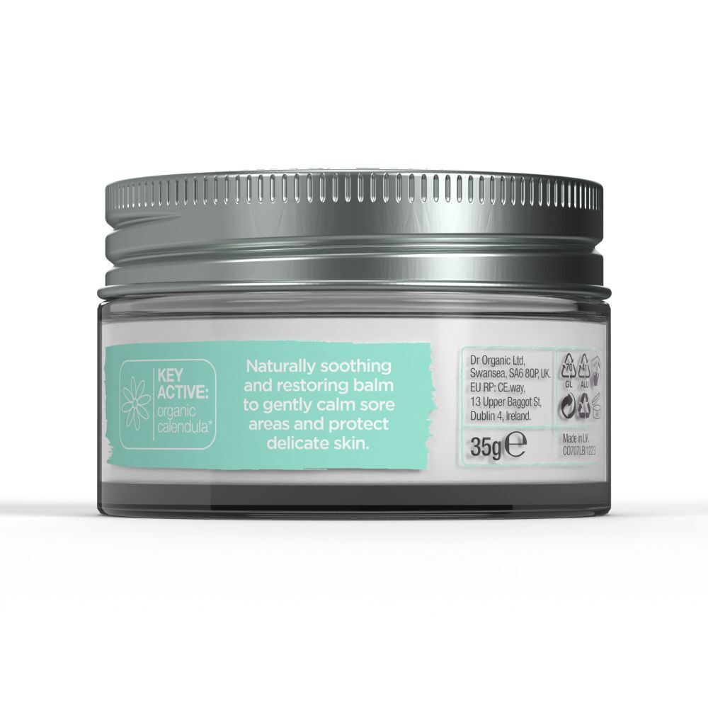 Glas mit Baby Bum Balm. Aufschrift: Baby Bum Balm with Calendula. Mit Text und Label.