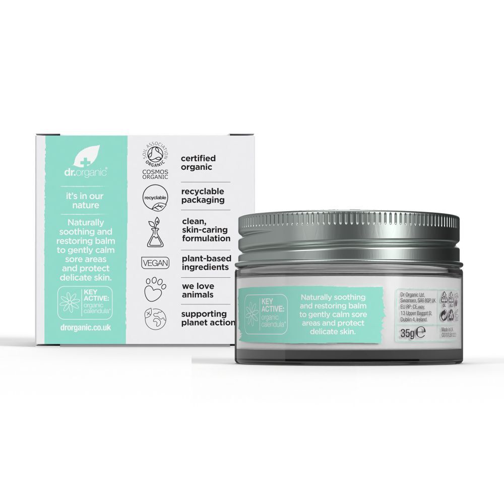Baby Bum Balm mit Verpackung. Aufschrift: Baby Bum Balm with Calendula. Mit Text und Label.