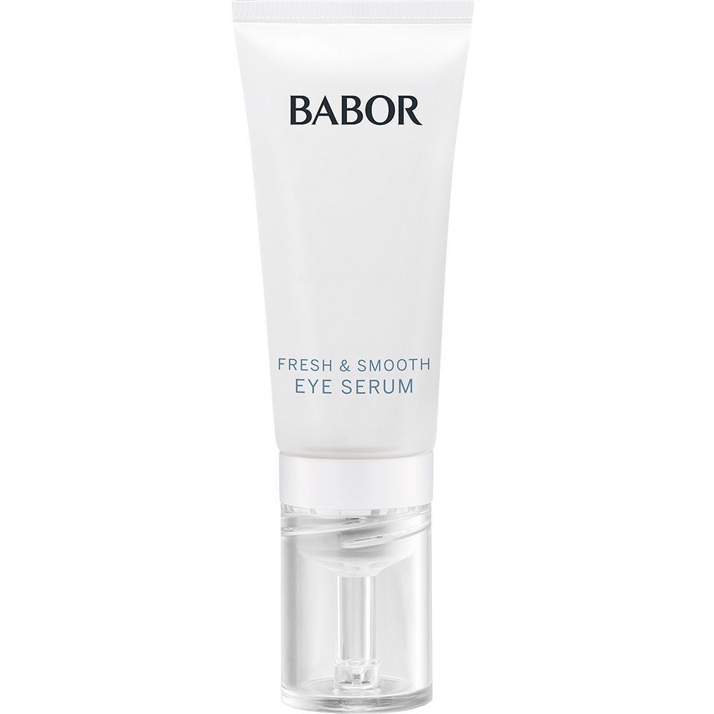 BABOR Fresh & Smooth Eye Serum Tube mit Applikator. "BABOR" und "FRESH & SMOOTH EYE SERUM" sind aufgedruckt.