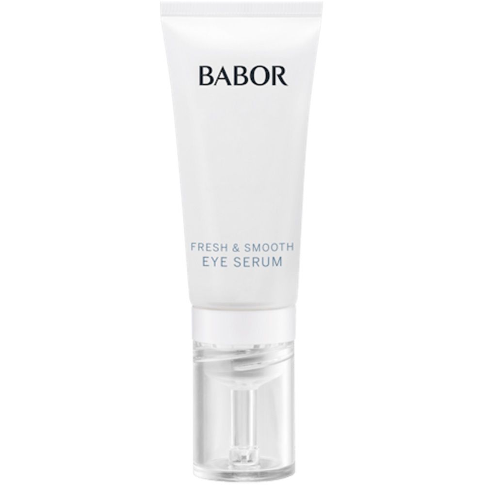 Weiße Tube mit Babor-Logo und Aufschrift 'Fresh & Smooth Eye Serum'. Transparenter Pumpaufsatz.