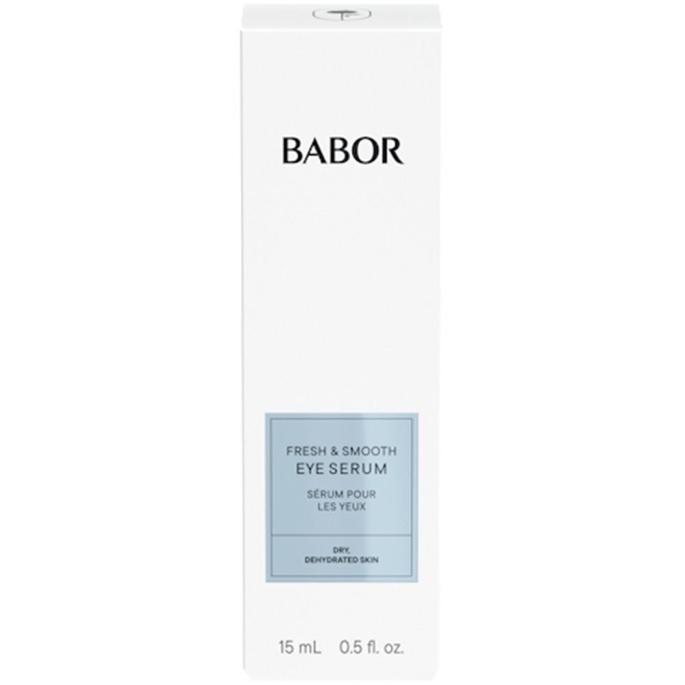 Weiße Verpackung mit Babor-Logo und 'Fresh & Smooth Eye Serum'. Blaue Textbox mit 'Dry/Dehydrated Skin'.