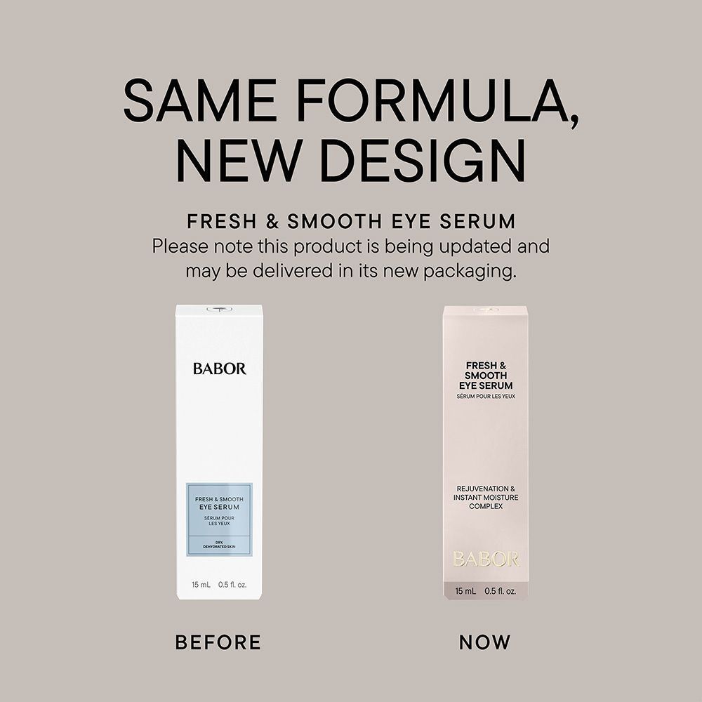 BABOR Fresh & Smooth Eye Serum Tube und Faltschachtel. Die Schachtel zeigt "Dry Dehydrated Skin".