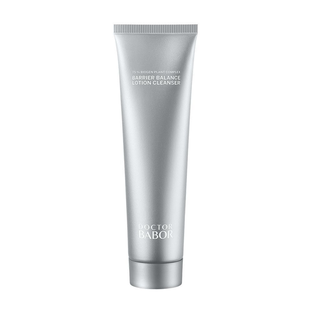 Zilverkleurige tube met productnaam en logo. Opschrift: Barrier Balance Lotion Cleanser van Doctor BABOR.