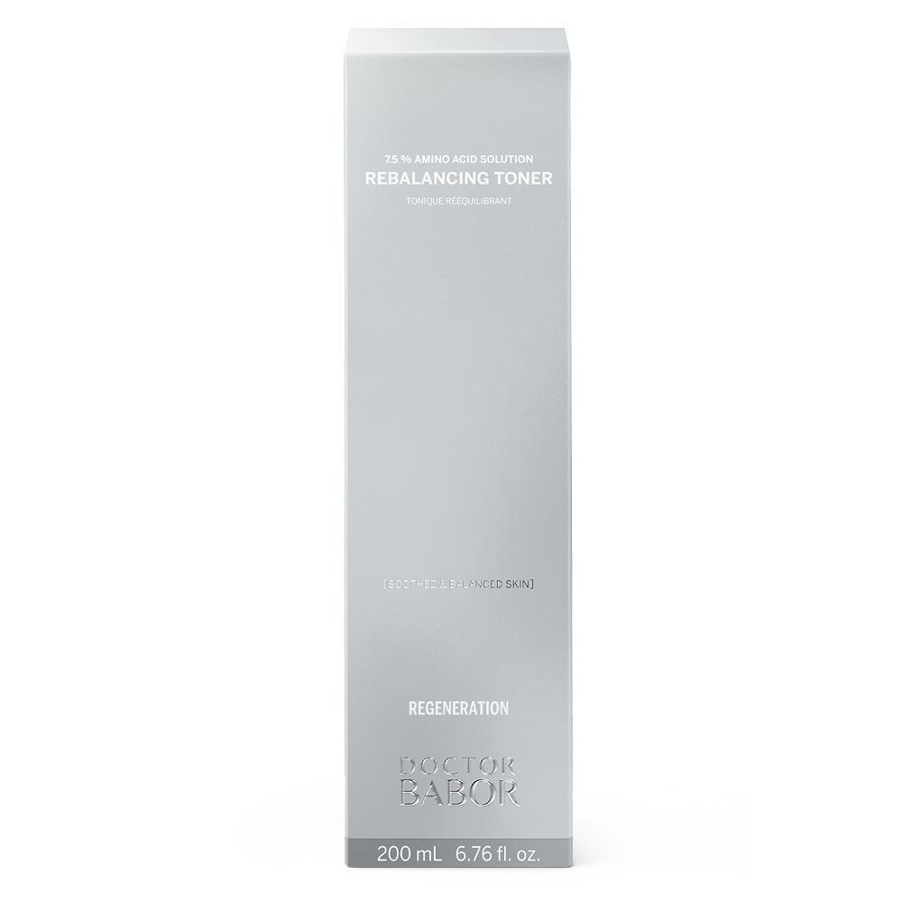 Emballage gris, rectangulaire et haut. Inscription : 75% Amino Acid Solution Rebalancing Toner. Marque : Doctor BABOR.