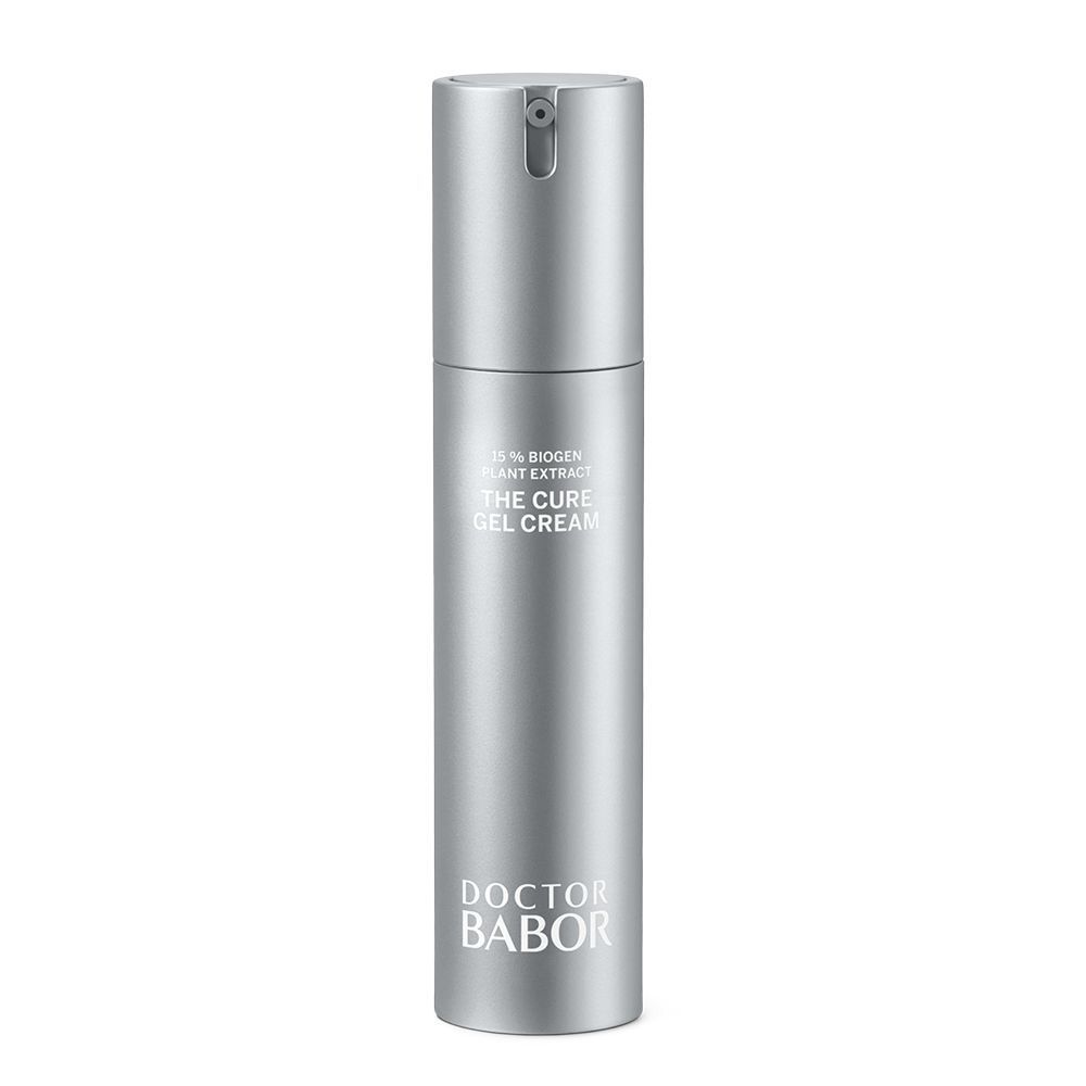 Zilveren fles met doseerkop. Opschrift: Doctor BABOR, The Cure Gel Creme.