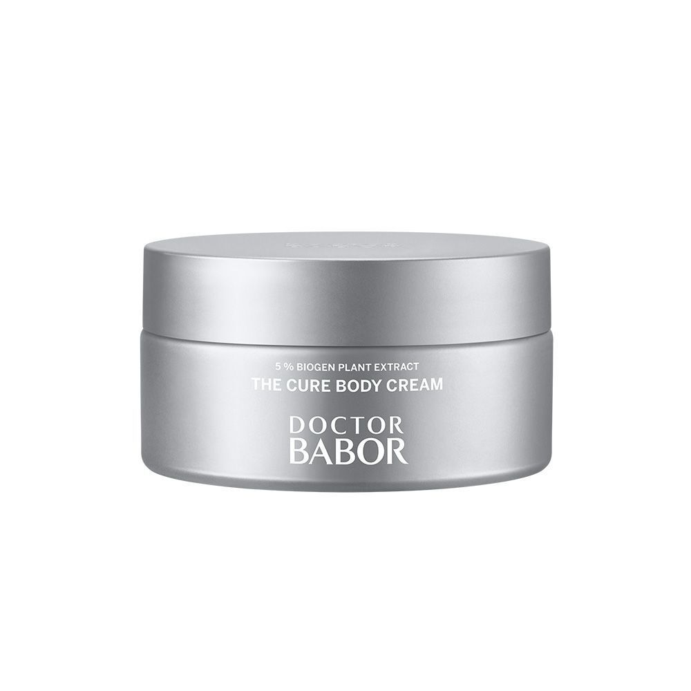 Pot argenté avec couvercle. Inscription : THE CURE BODY CREAM, DOCTOR BABOR.