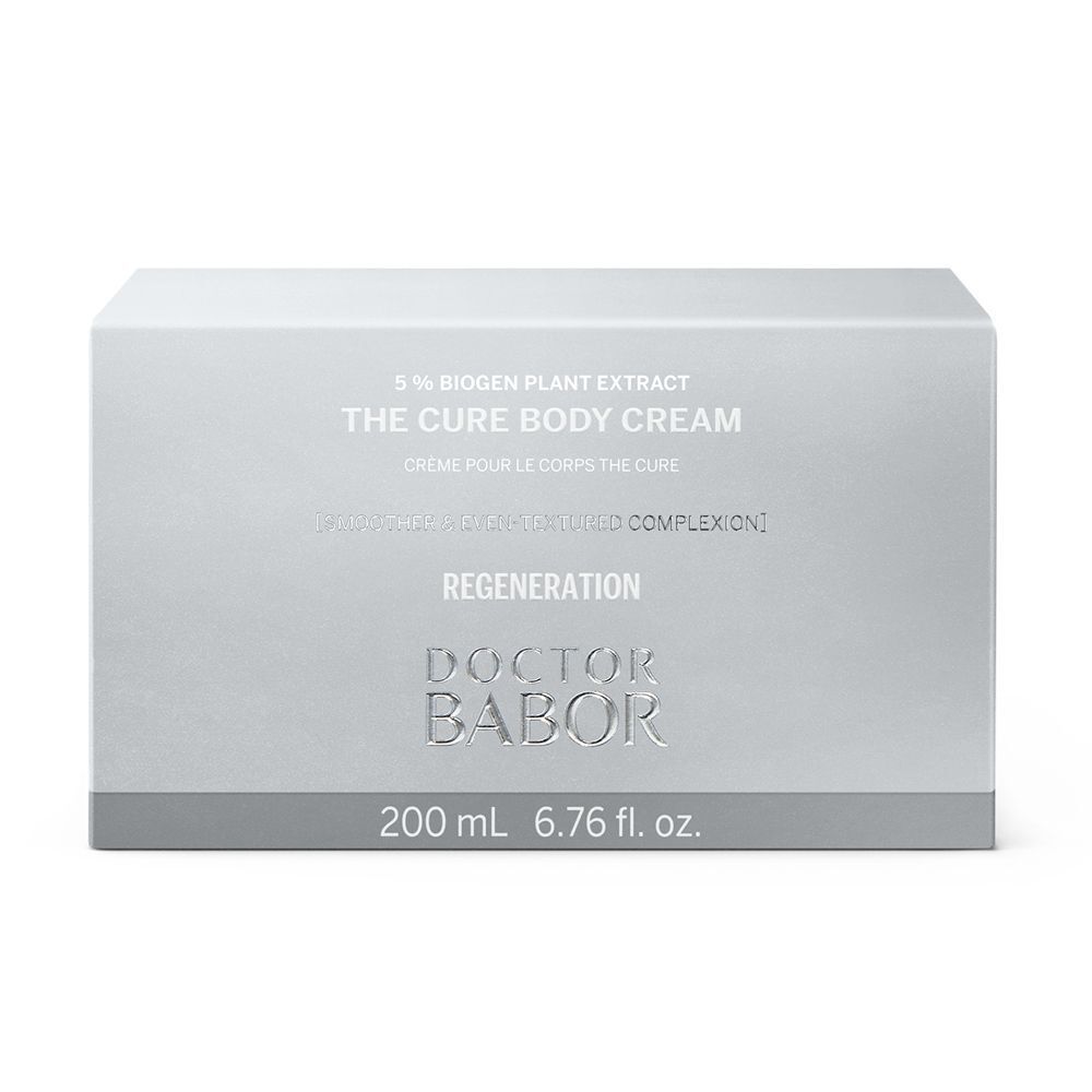 Emballage gris. Inscription : THE CURE BODY CREAM, DOCTOR BABOR, 200 ml.