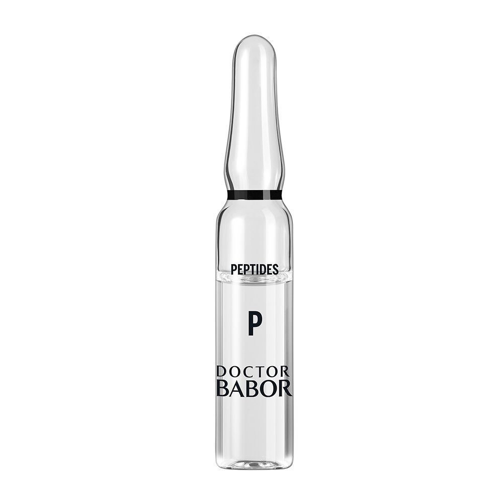 Klare Ampulle mit schwarzem Ring und weißem Aufdruck. Beschriftung: Peptides, P, Doctor BABOR.