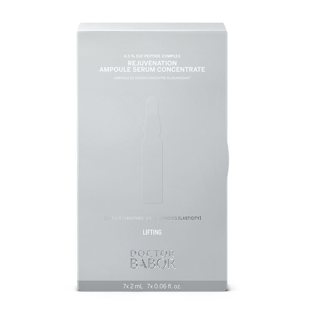 Graue Verpackung mit Produktabbildung und Schriftzug: Rejuvenation Ampulle Serum Concentrate, Doctor BABOR.
