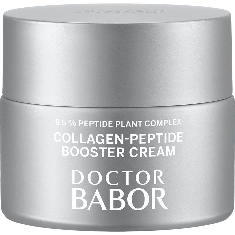 Silberfarbener Tiegel mit Deckel. Aufschrift: Collagen-Peptide Booster Cream, Doctor BABOR.