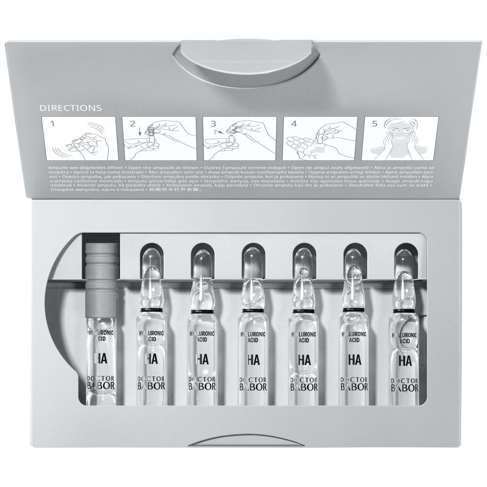 Geöffnete Packung mit 7 Ampullen. Anweisungen auf der Innenseite. Aufschrift: HA, Doctor BABOR.