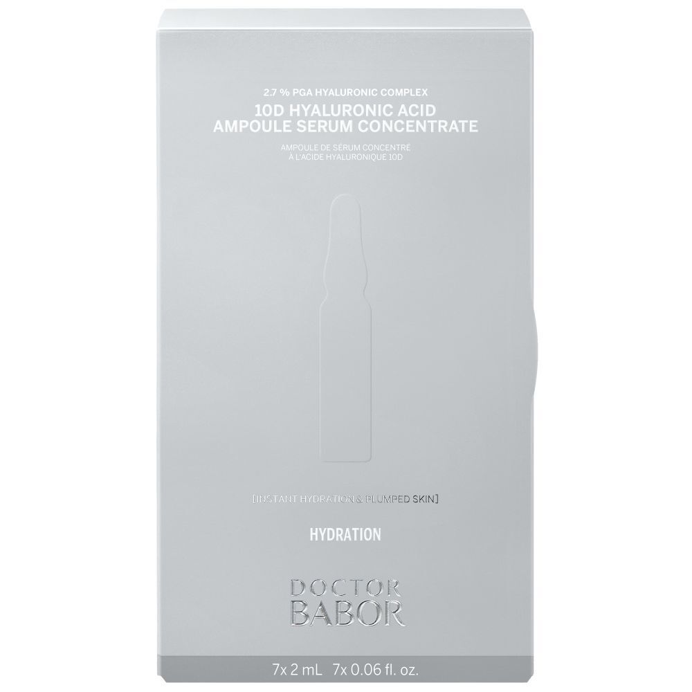 Graue Verpackung mit Produktabbildung und Schriftzug. Aufschrift: Doctor BABOR, 10D Hyaluronsäure.