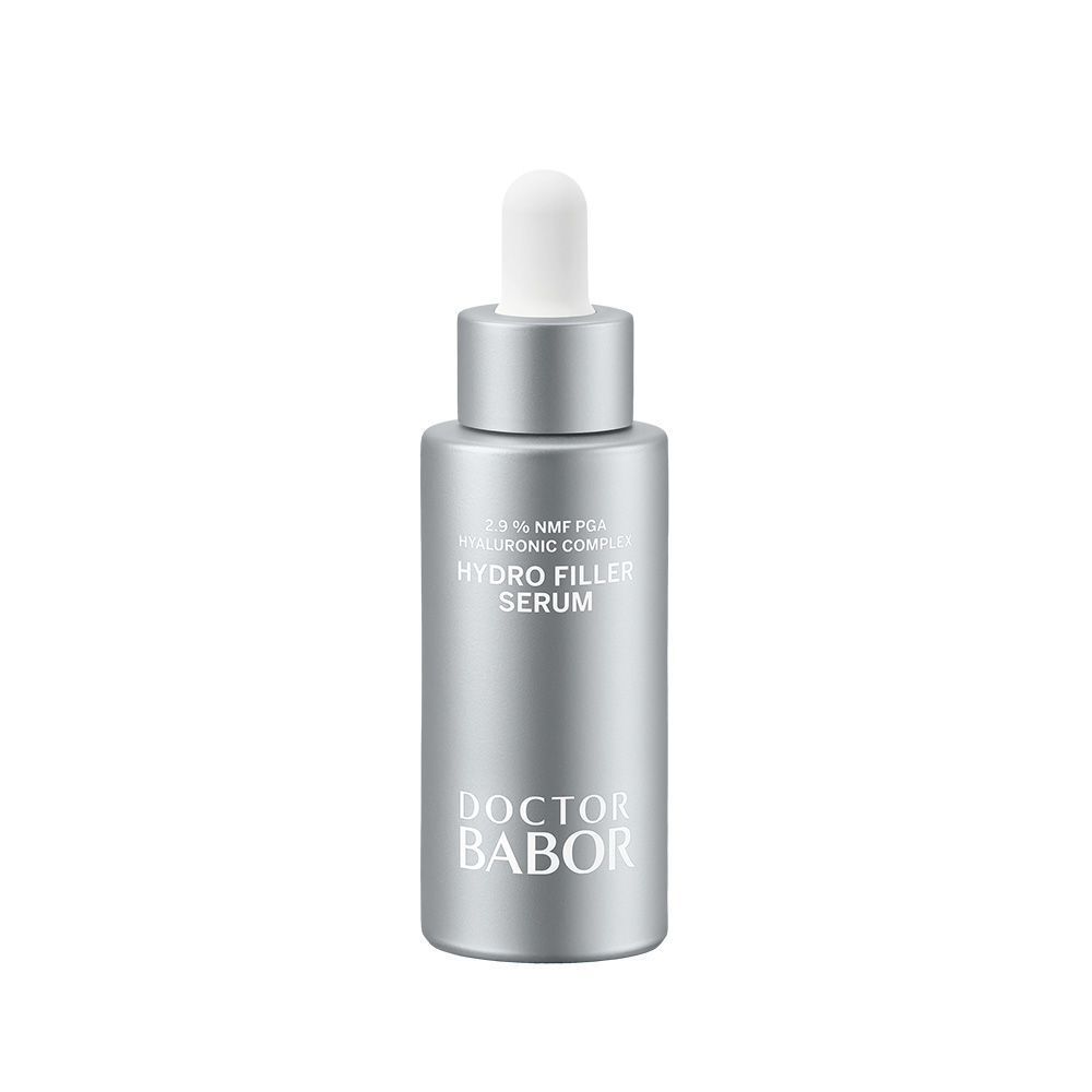 Silberne Flasche mit weißem Tropfer. Aufschrift: Hydro Filler Serum, Doctor BABOR.
