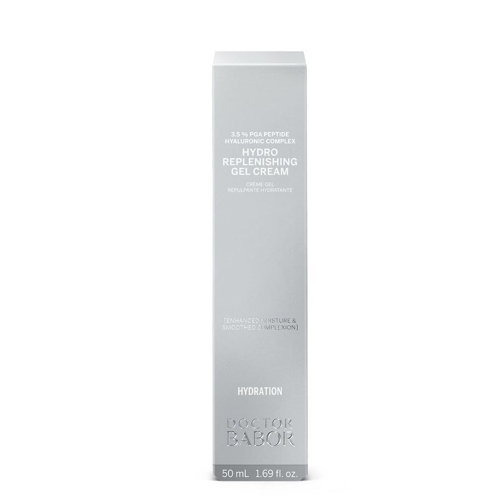Emballage gris. Inscription : Hydro Replenishing Gel Cream, Doctor BABOR. Avec informations.