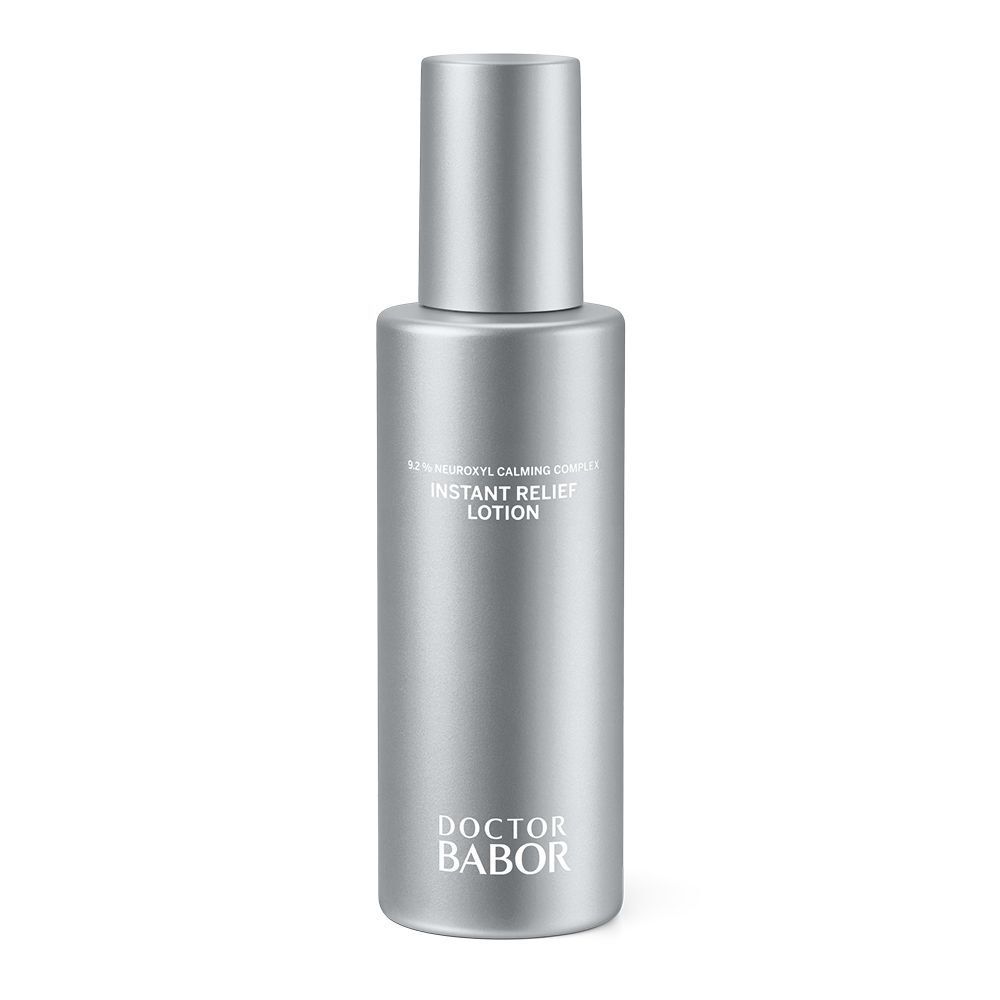 Silberne Lotion-Flasche mit Schraubverschluss. Aufschrift: Instant Relief Lotion, Doctor BABOR.
