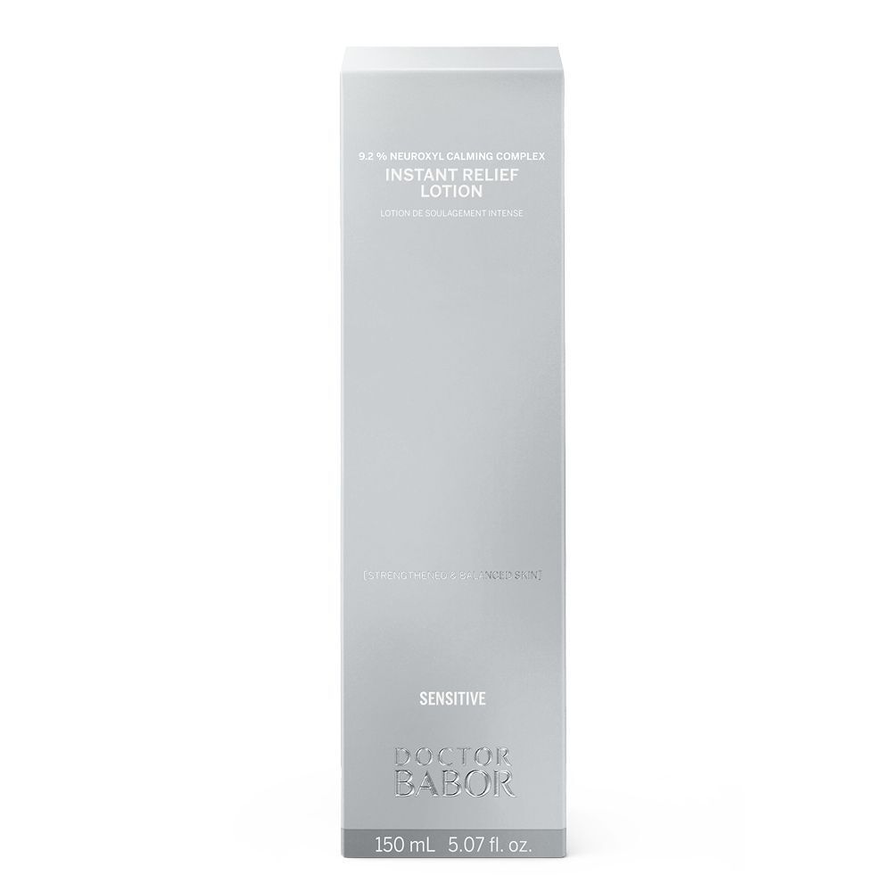 Hohe, rechteckige, graue Schachtel. Aufschrift: Instant Relief Lotion, Doctor BABOR. Unten: 150 ml.