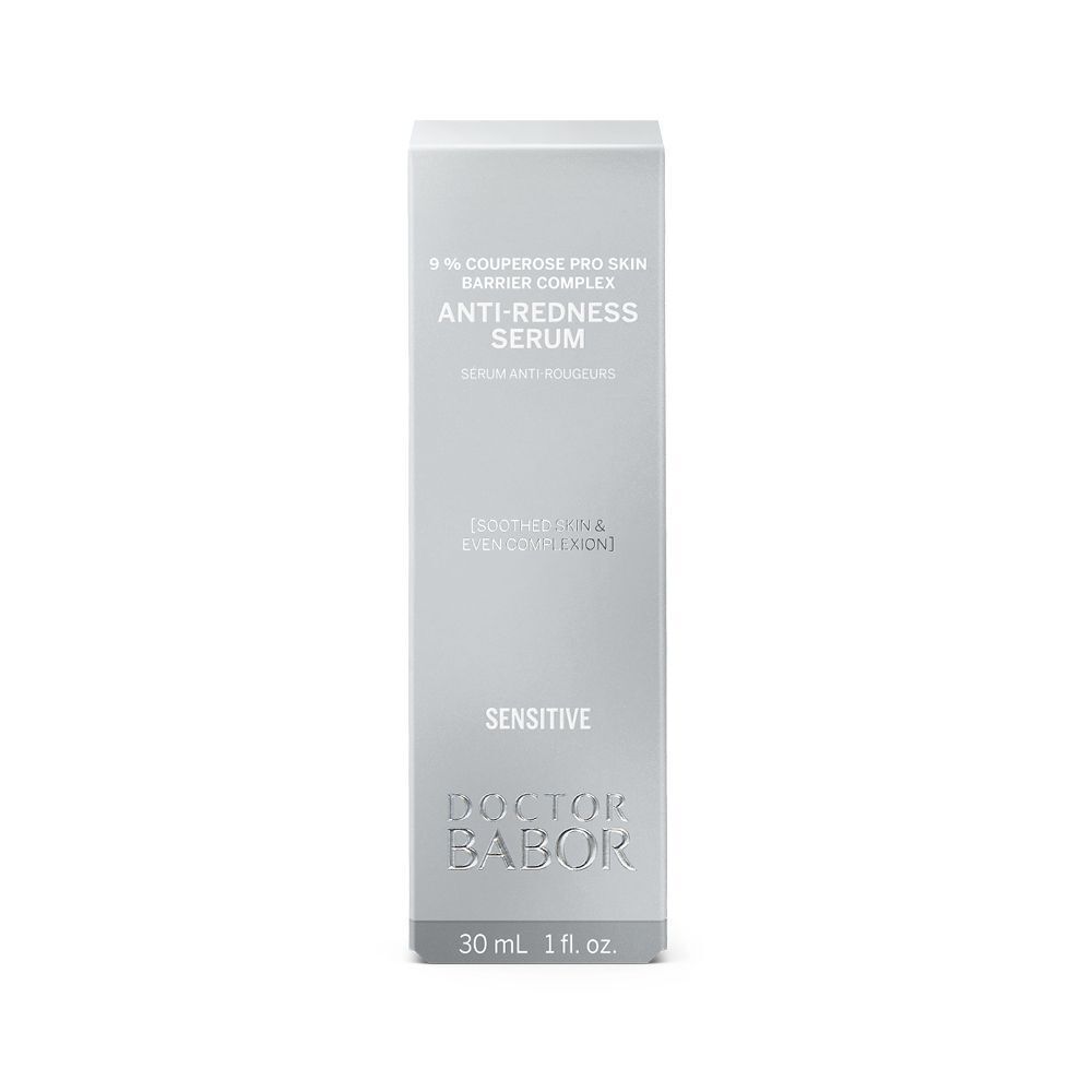 Graue Verpackung mit Produktinformationen. Aufschrift: Anti-Redness Serum, Doctor BABOR, 30 ml.