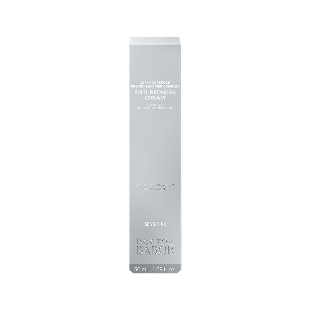 Grijze verpakking met productinformatie. Opschrift: Anti-Redness Cream, Doctor BABOR.