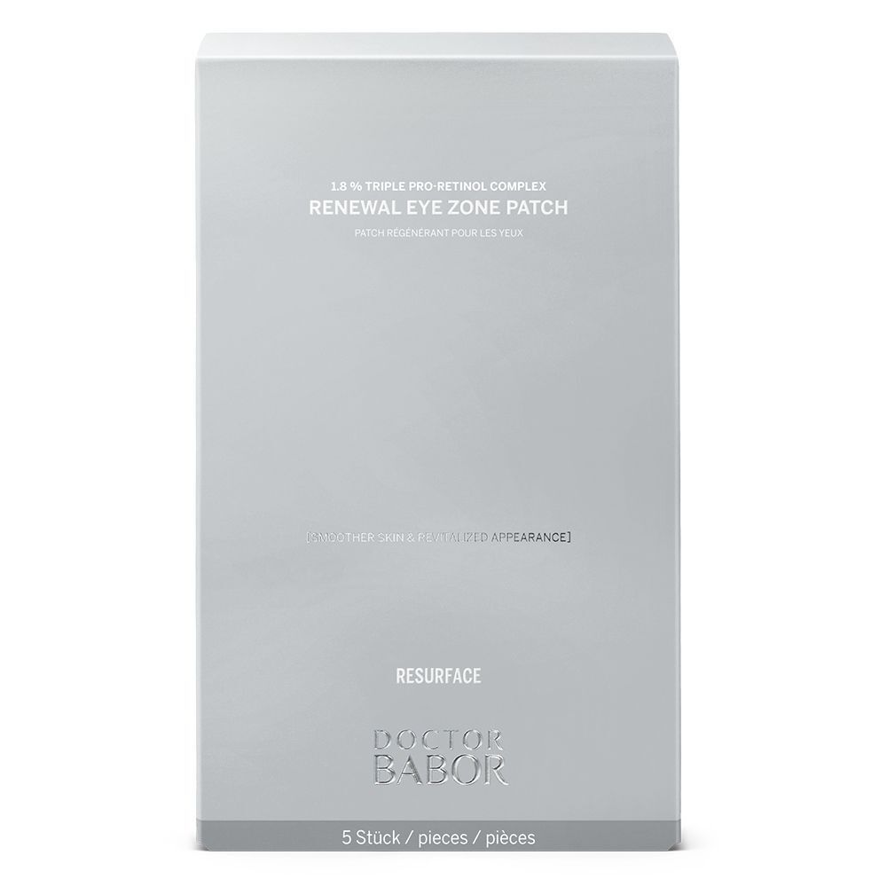 Graue Produktverpackung mit Text. Text: Renewal Eye Zone Patch, Doctor Babor. 5 Stück.
