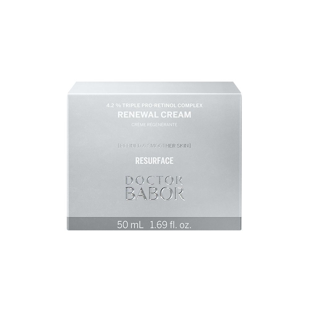 Boîte grise. Inscription : Doctor Babor, Renewal Cream, 4.2% Triple Pro-Retinol Complex, 50 ml.