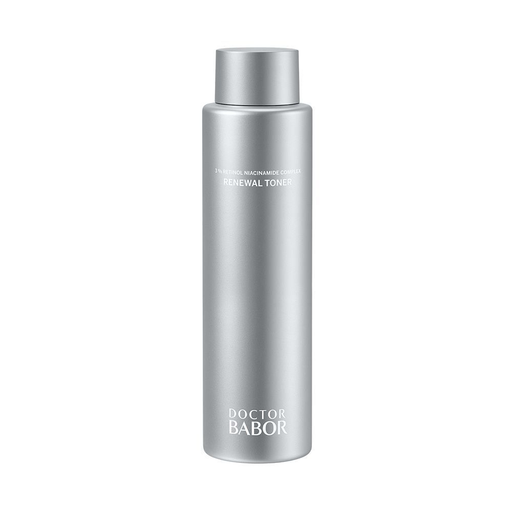 Silberne Flasche mit Schraubverschluss. Aufschrift: Renewal Toner, Doctor BABOR.