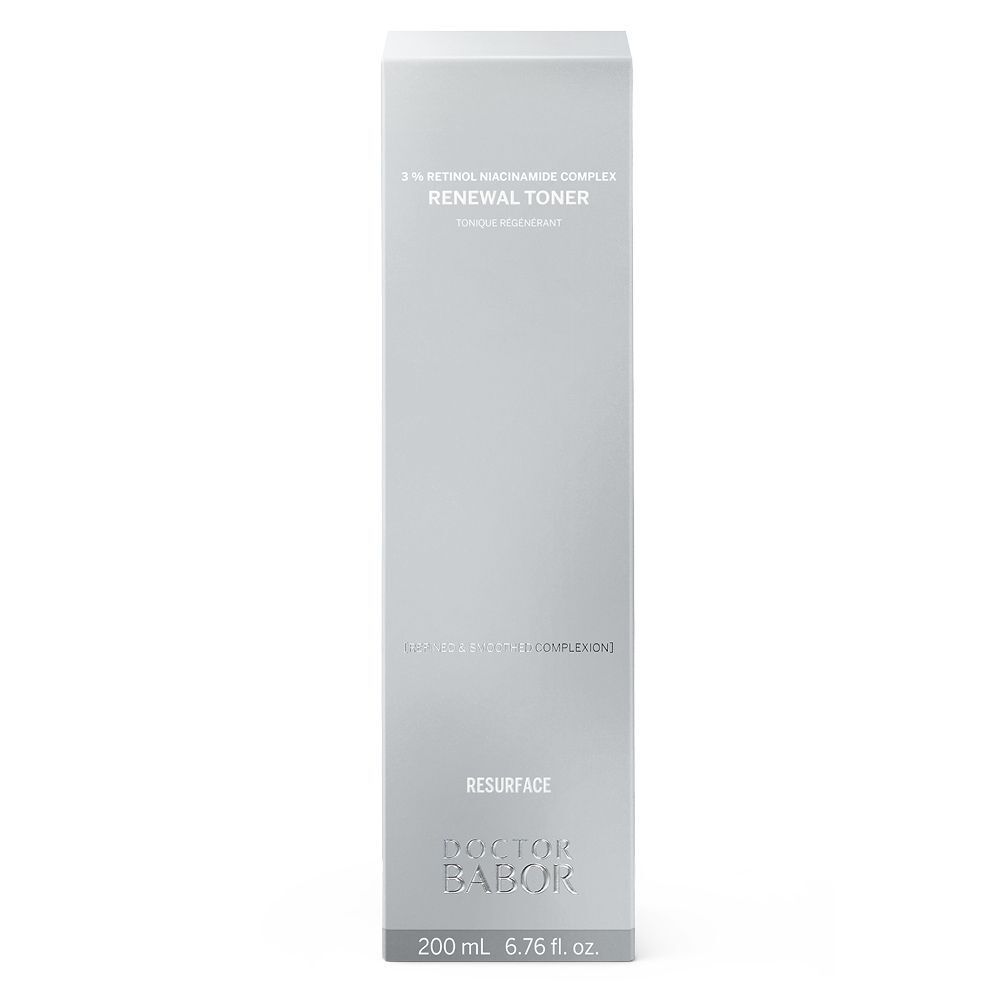 Graue, rechteckige Verpackung. Aufschrift: Renewal Toner, Doctor BABOR. Unten: 200 ml.