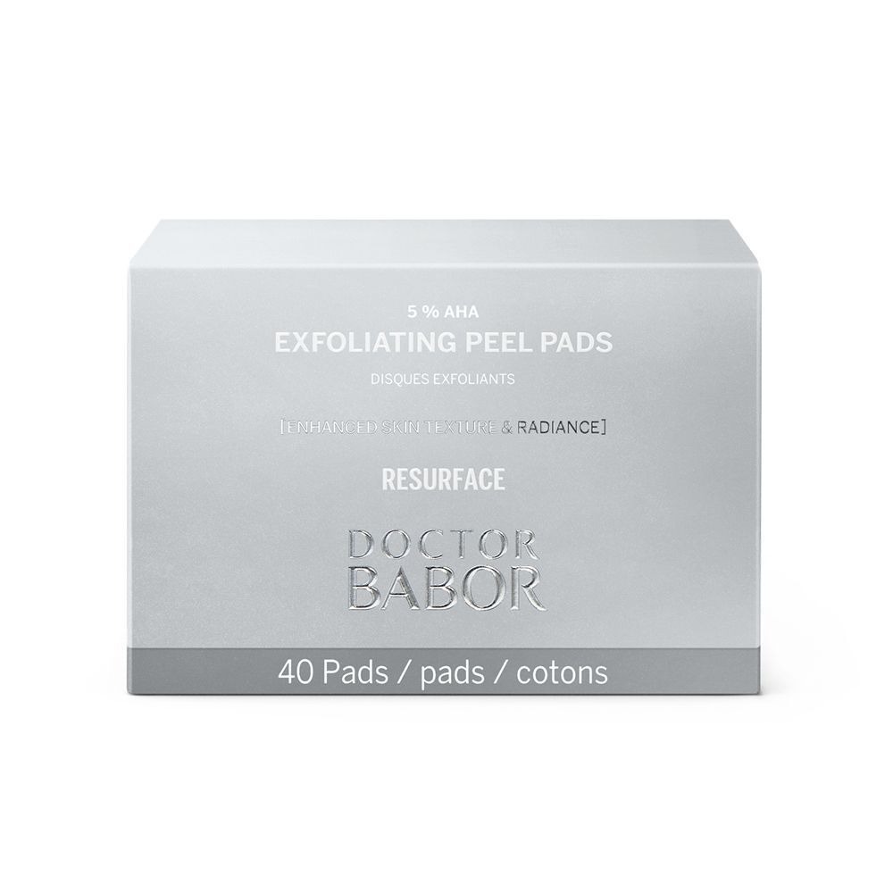 Boîte grise avec inscription : 5% AHA Exfoliating Peel Pads. Marque : Doctor BABOR. Contient 40 pads.