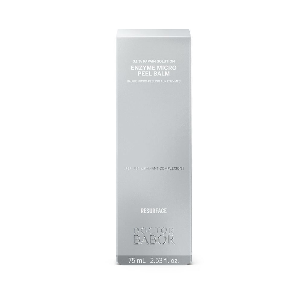 Emballage gris avec nom et marque du produit : Enzyme Micro Peel Balm, Doctor Babor. Contient 75 ml. Texte : Resurface.