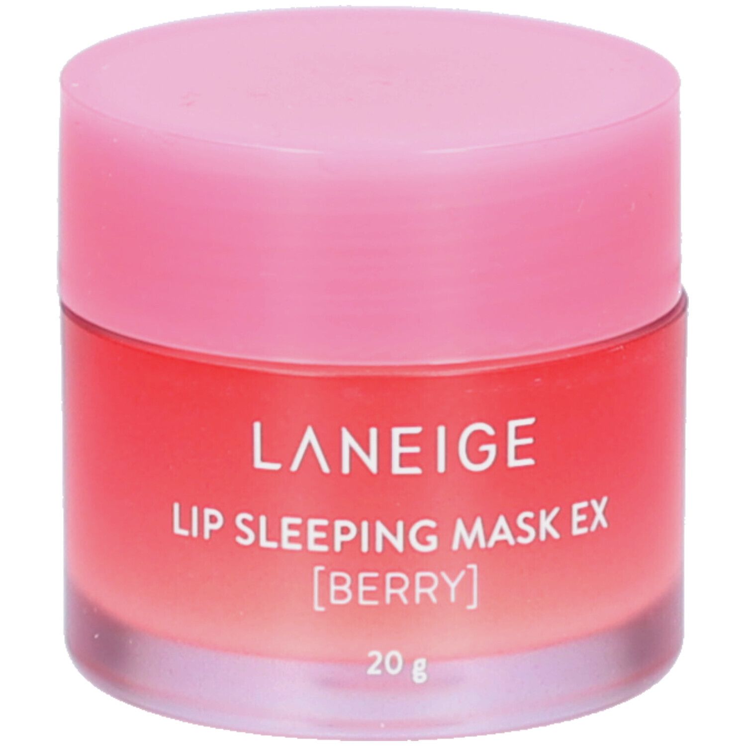 Runde Dose mit rosa Deckel. Aufschrift: LANEIGE, LIP SLEEPING MASK EX [BERRY], 20 g.