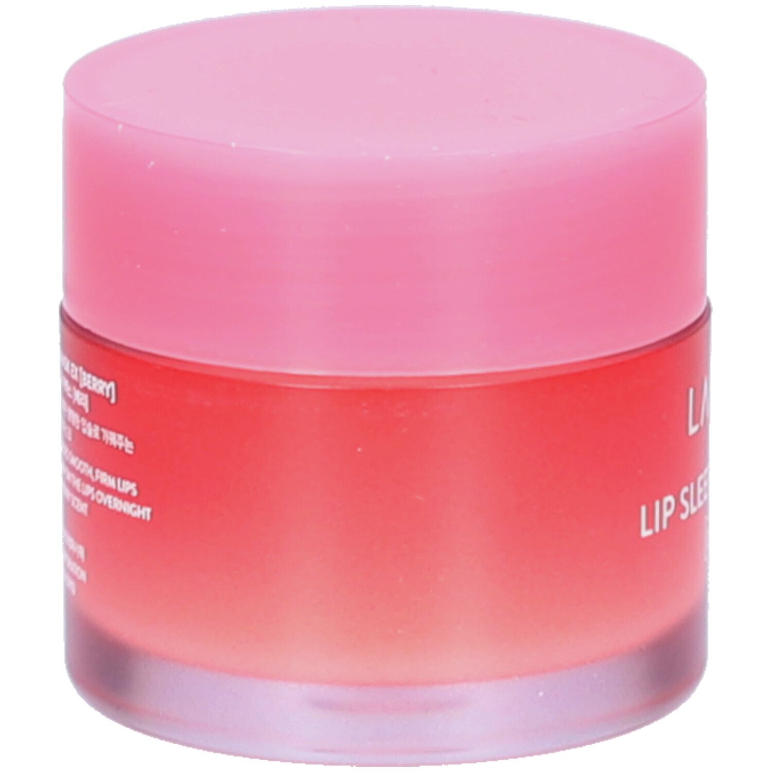 Runde Dose mit rosa Deckel. Aufschrift: LANEIGE, LIP SLEEPING MASK EX, Text in Koreanisch.