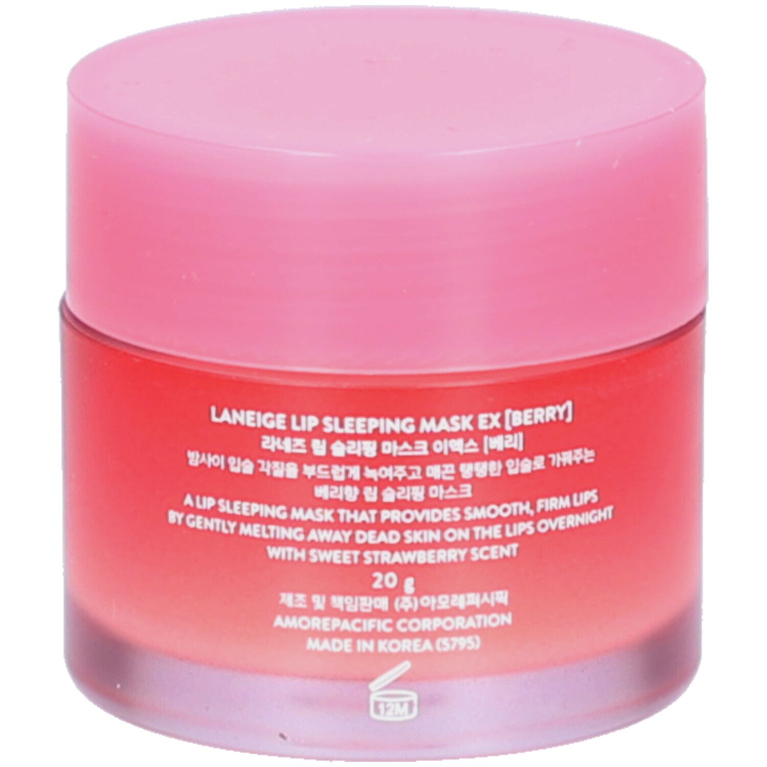 Runder Tiegel mit rosa Deckel. Aufschrift: LANEIGE, LIP SLEEPING MASK EX [BERRY], 20 g. Text in Koreanisch.