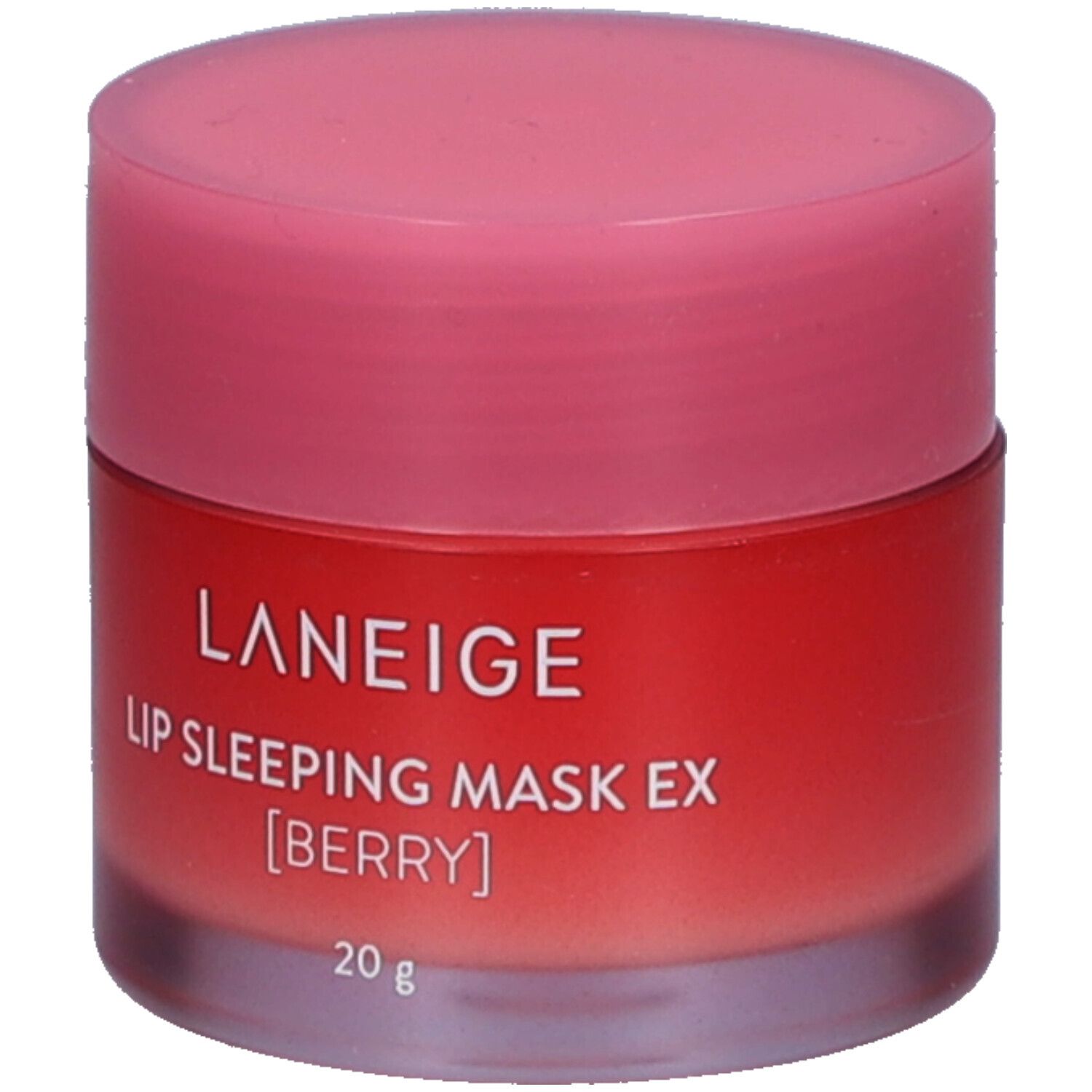 Runde Dose mit rosa Deckel. Aufschrift: LANEIGE, LIP SLEEPING MASK EX [BERRY], 20 g.