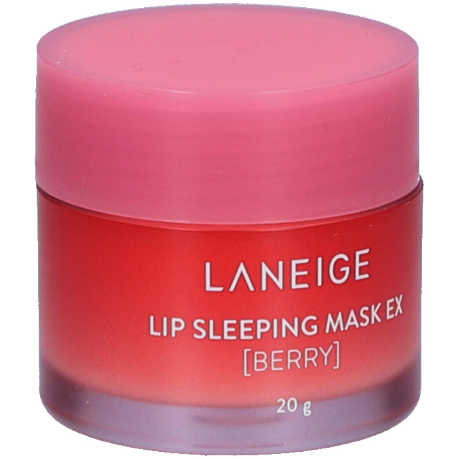 Runde Dose mit rosa Deckel. Aufschrift: LANEIGE, LIP SLEEPING MASK EX [BERRY], 20 g.