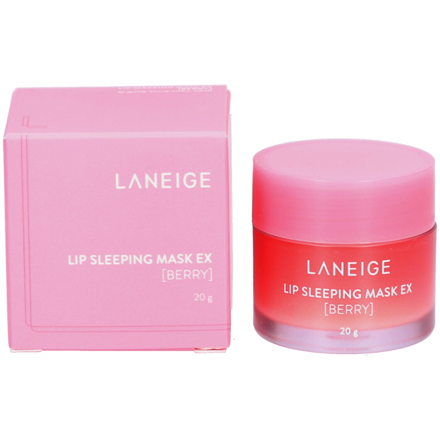 Rosa Karton und Dose. Aufschrift: LANEIGE, LIP SLEEPING MASK EX [BERRY], 20 g.