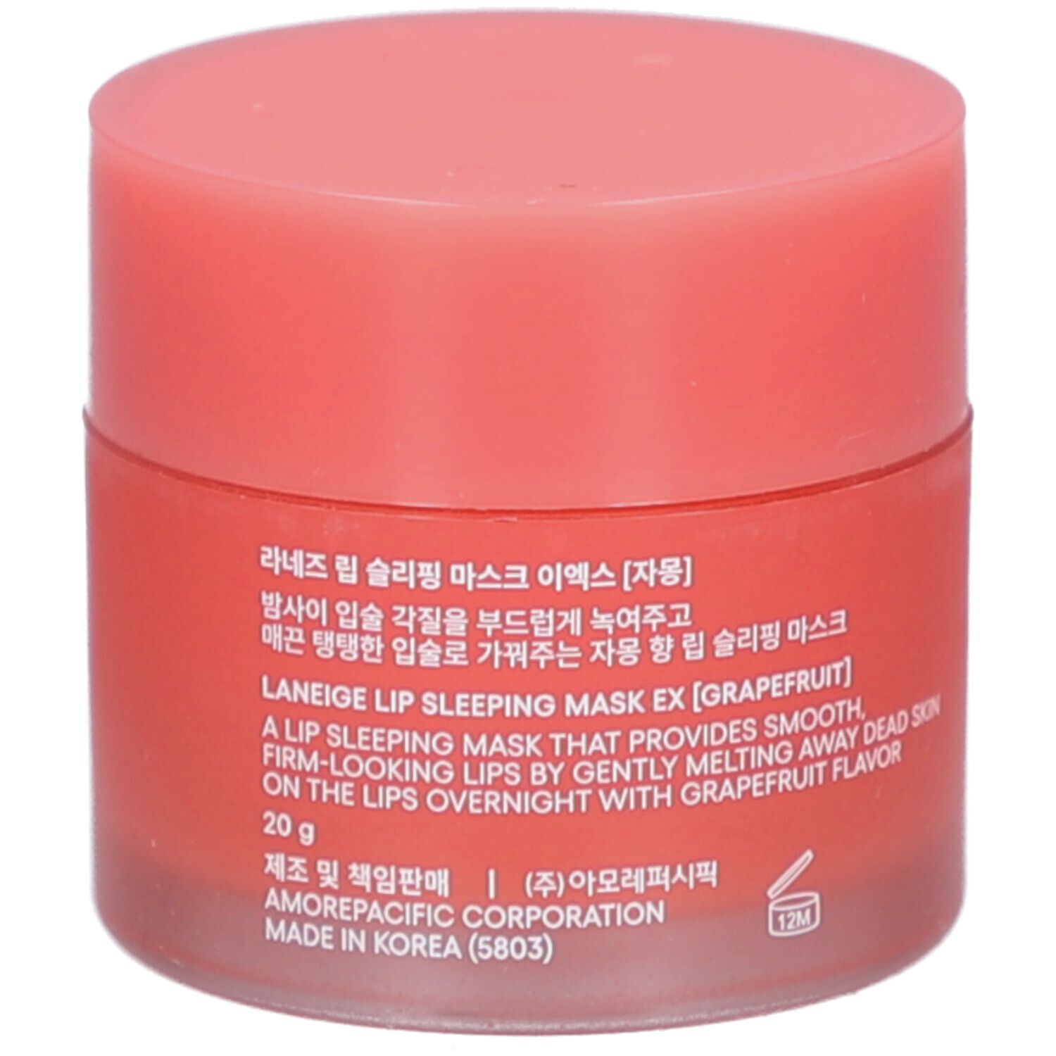 Rosafarbener Tiegel mit Deckel. Aufschrift: LANEIGE Lip Sleeping Mask EX [Grapefruit]. Text in mehreren Sprachen.