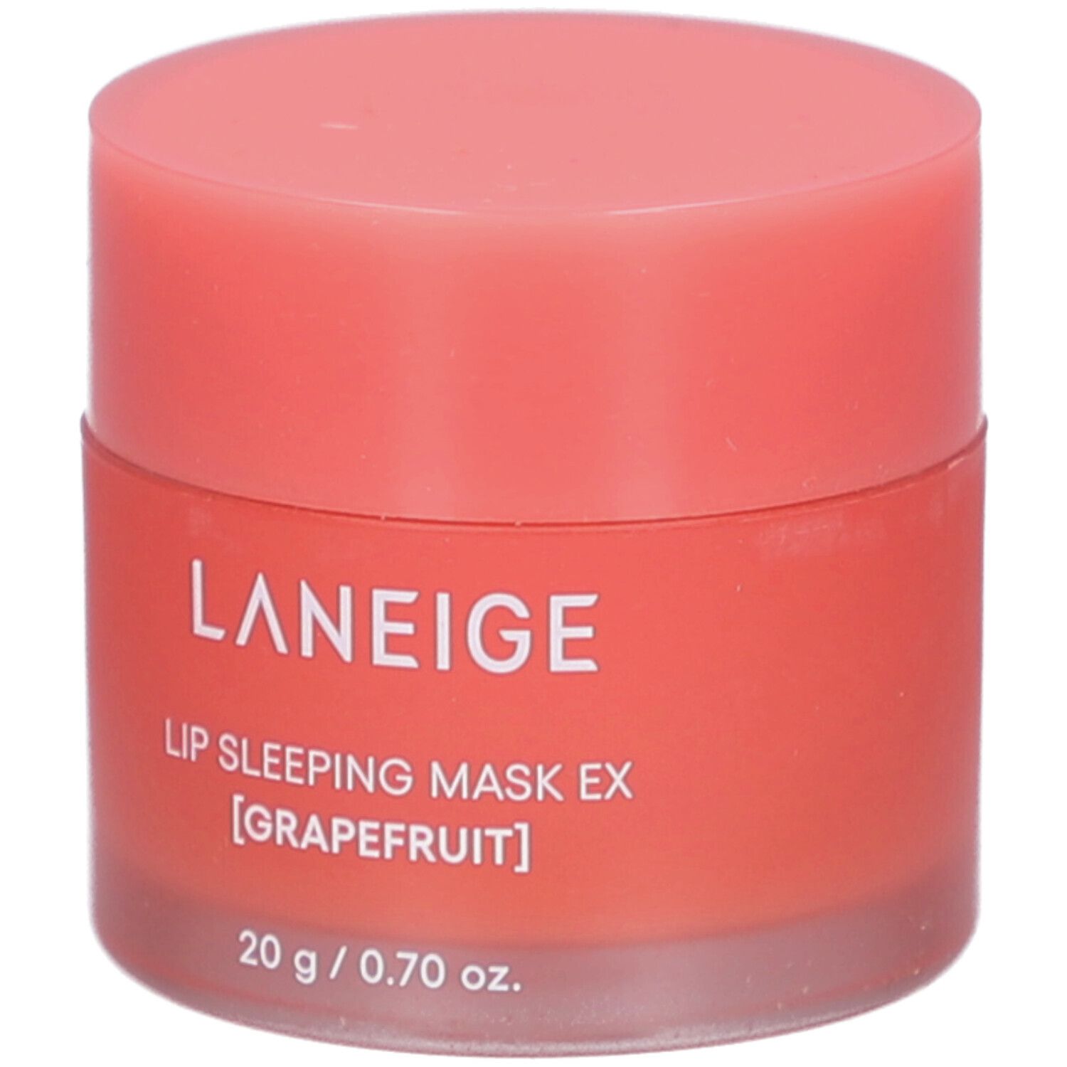 Rosafarbener Tiegel mit Deckel. Aufschrift: LANEIGE, Lip Sleeping Mask EX [Grapefruit], 20 g / 0.70 oz.